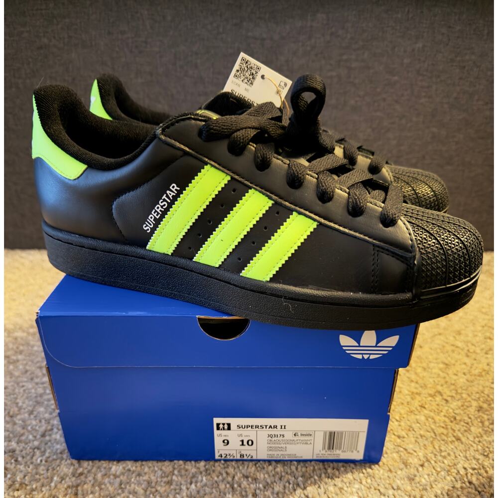 Adidas Superstar Black & Neon Green Sneakers - size 9M/10W